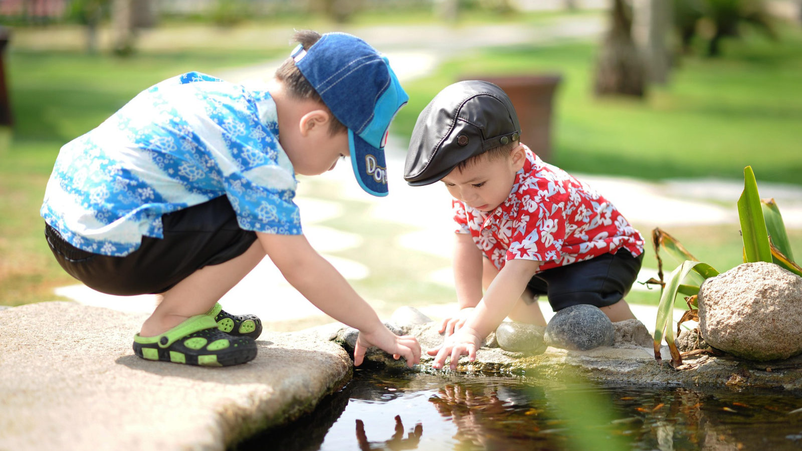 Children playing next to a pond
