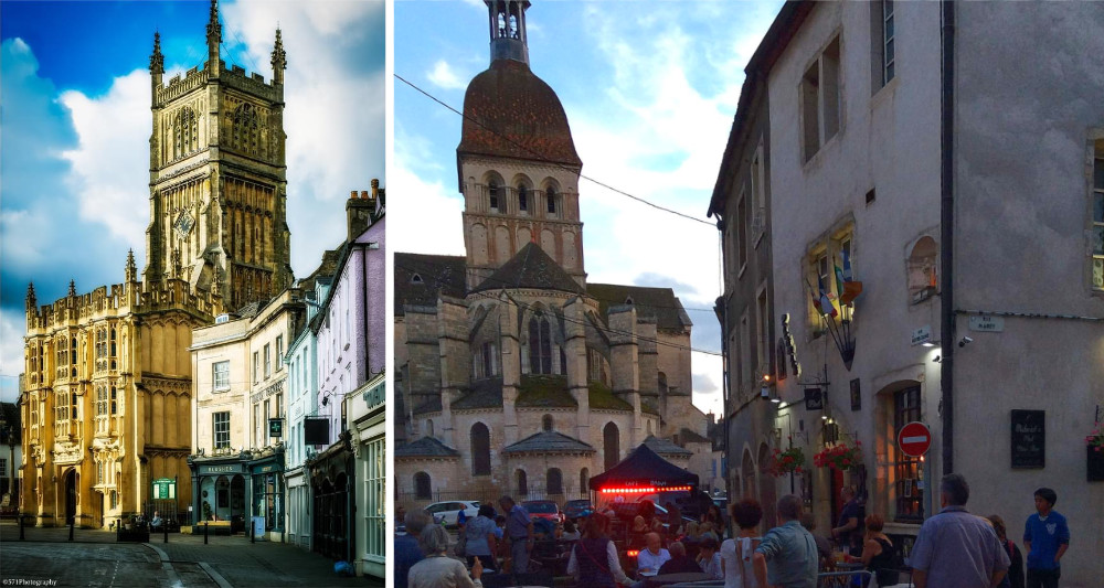 Cirencester's St John the Baptist church, and party goers in front the Basilica of Notre Dame and outside Pickwick's the only English 'pub' for miles